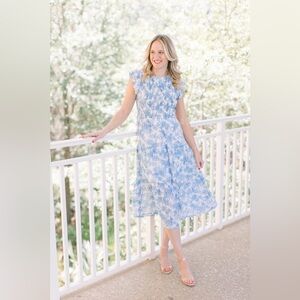 Anthropologie By the River Blue Floral Smocked Tiered Midi Dress M Cottagecore